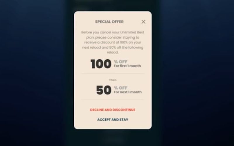 screenshot of a retention offer on a mobile phone