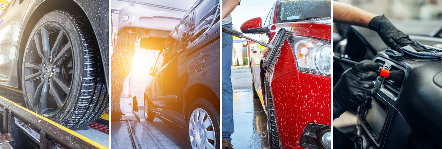 four frames showing different types of car washes