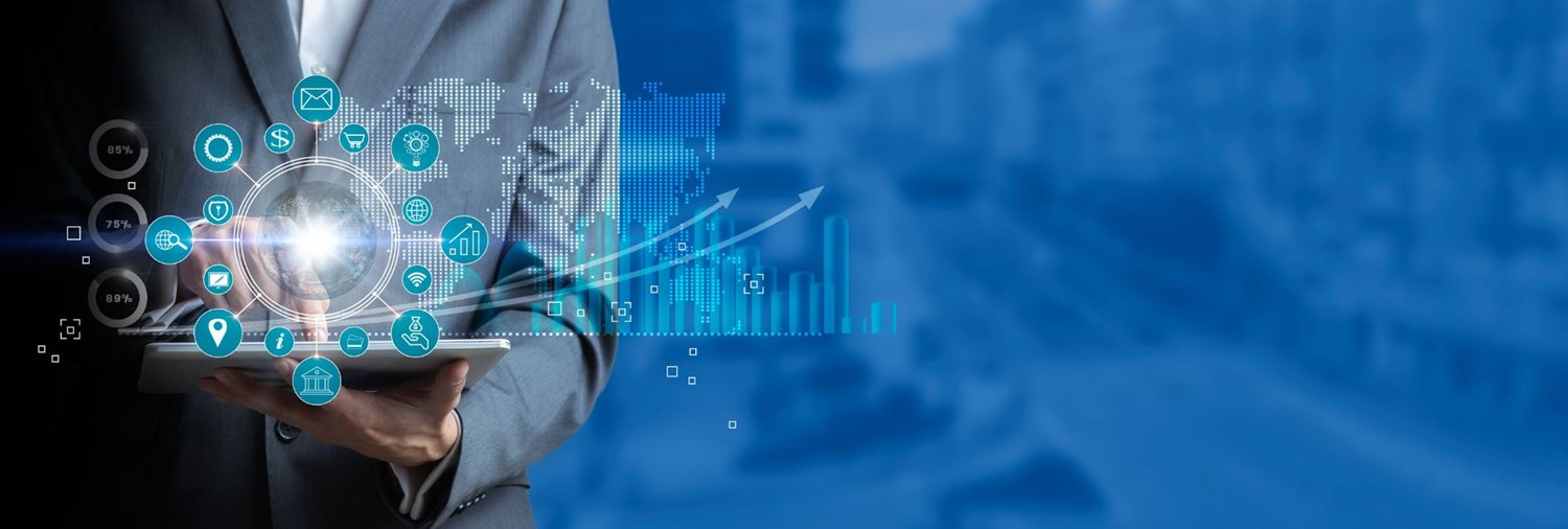 man point at data graphic