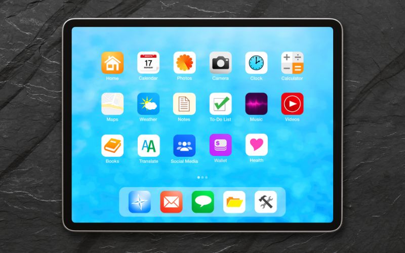 Colorful app icons against a blue background