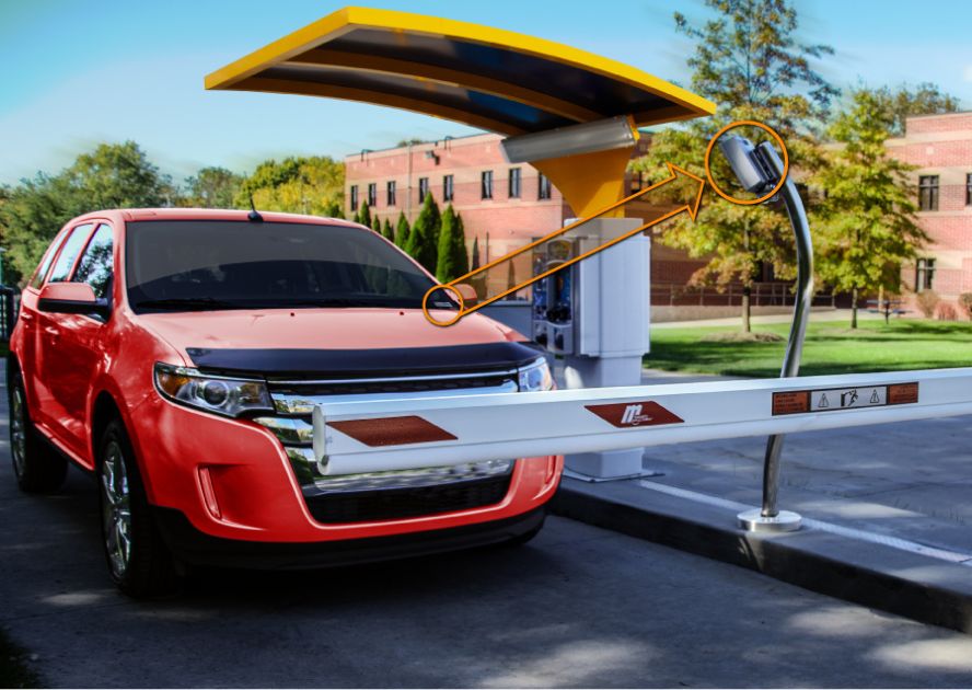 red suv at car wash pay station behind gae with graphic illustrating an RFID reader reading tag on car's windshield