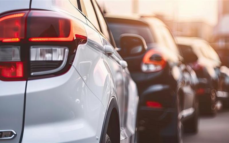 line of cars with closeup on the back of the nearest  car