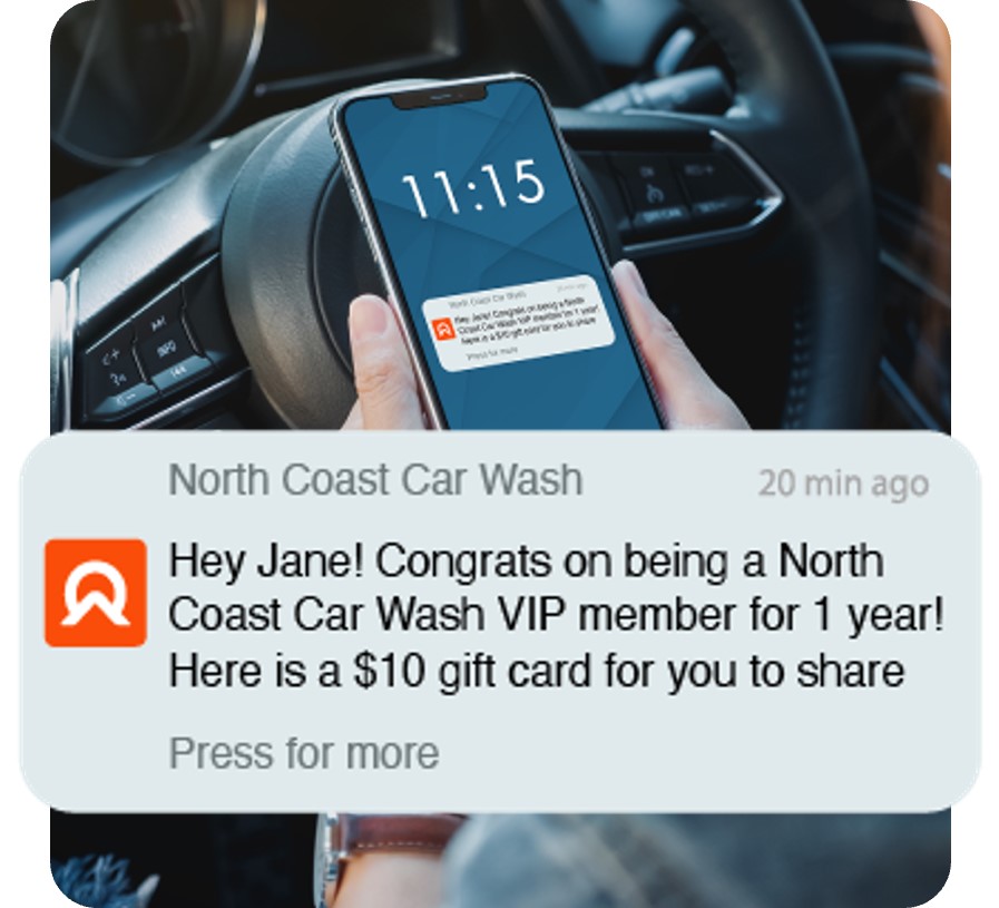 message on phone showing car wash member reward