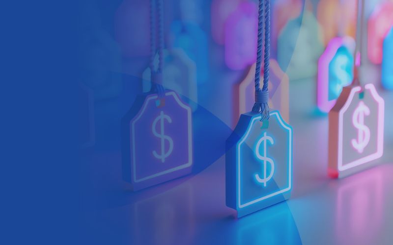 dangling, neon dollar sign icons