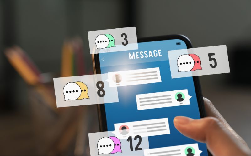 phone with graphics of notifications popping out