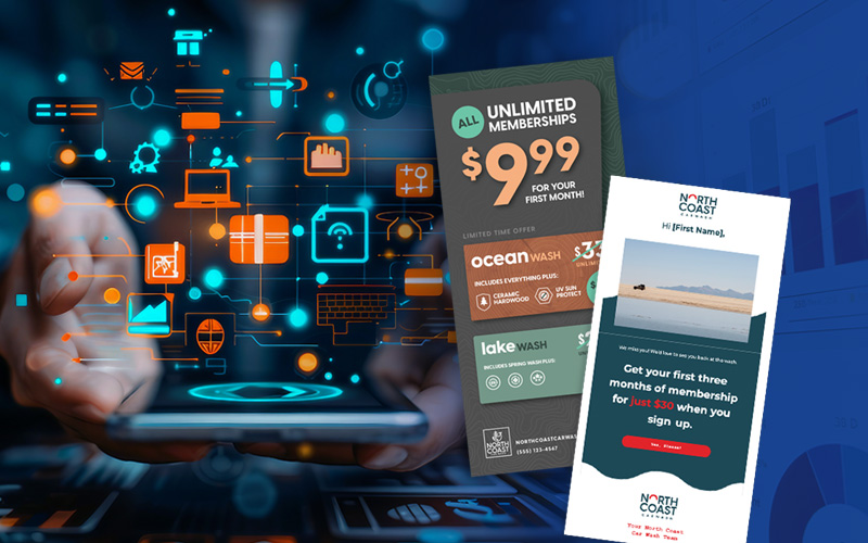 Graphic with icons coming off a smartphone in someone's had and overlays of car wash offers