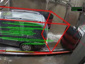 red outline around a mini van on NoPileups display at a car wash