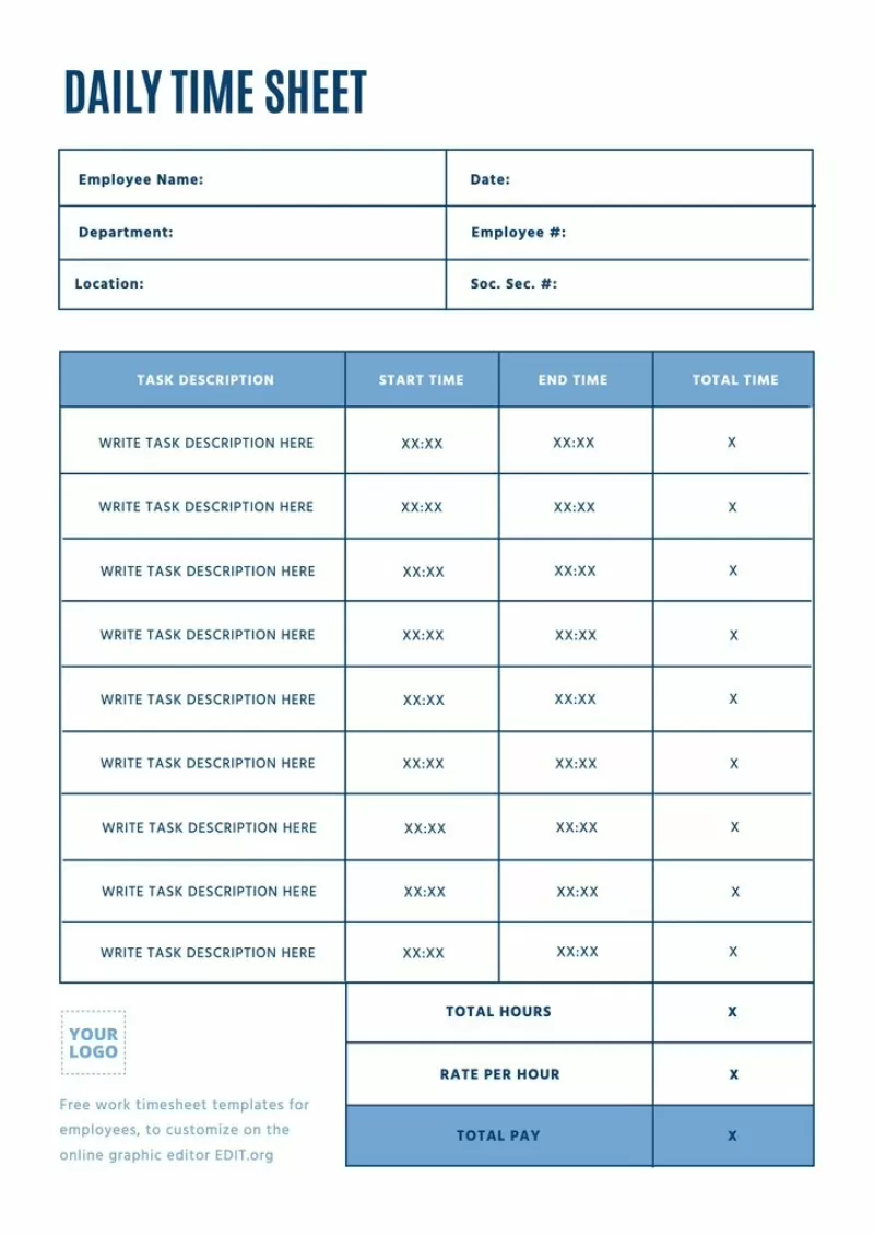 Daily timesheet template to register the employees work hours and overtime