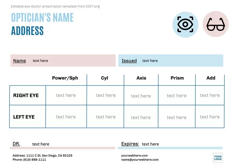 Editable eye prescription template