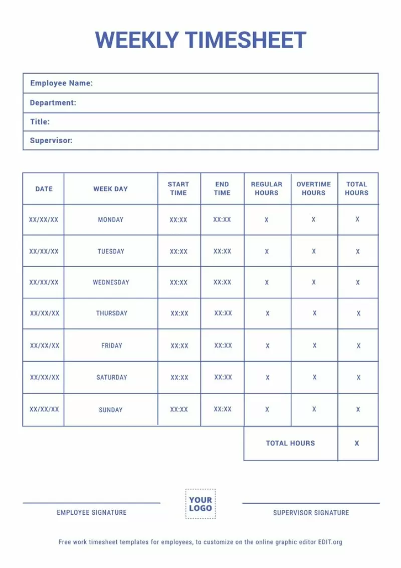 Weekly timesheet templates for employees hours and overtime register