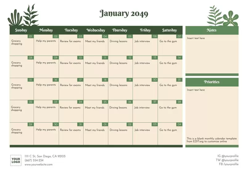 Personalized monthly planner template