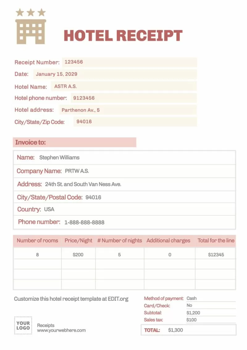 Free custom online receipt template for hotels